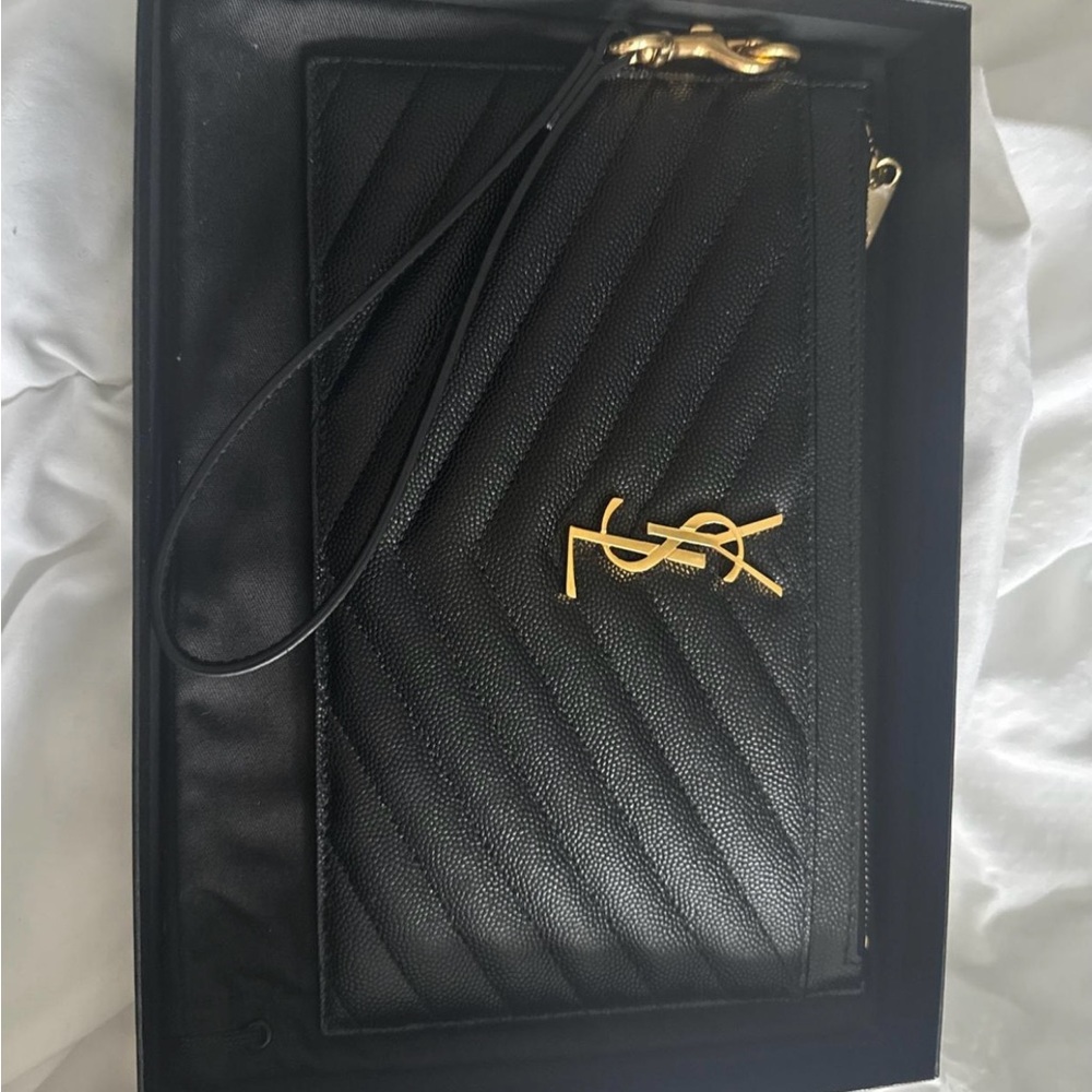 Saint Laurent Black Quilted Wristlet with Gold Accent